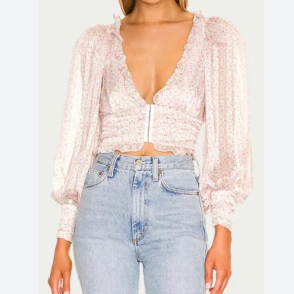 FOR LOVE & LEMONS Tops - FOR LOVE & LEMONS New Natalie floral-print cropped top Ivory pink Large
